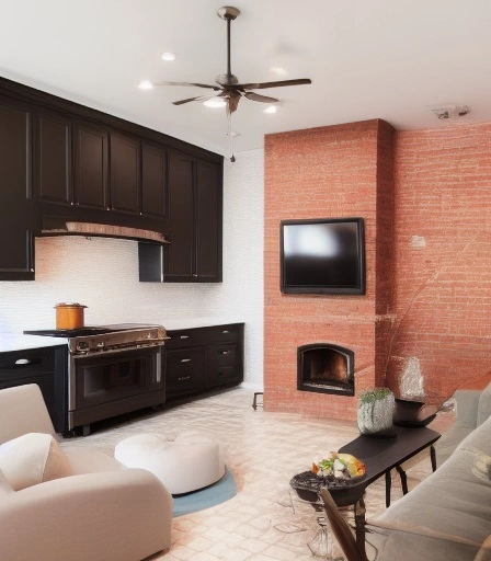34087-3094787792-view of a living room kitchen combination, kitchen in back, painted brick walls in white, fireplace with art over the mantle, re.webp